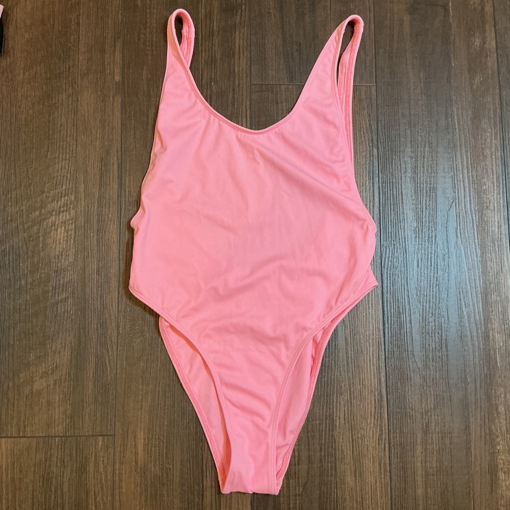 Lonely Ghost Pink High Cut One Piece Swimsuit Low Back Scoop Neck Medium Retro